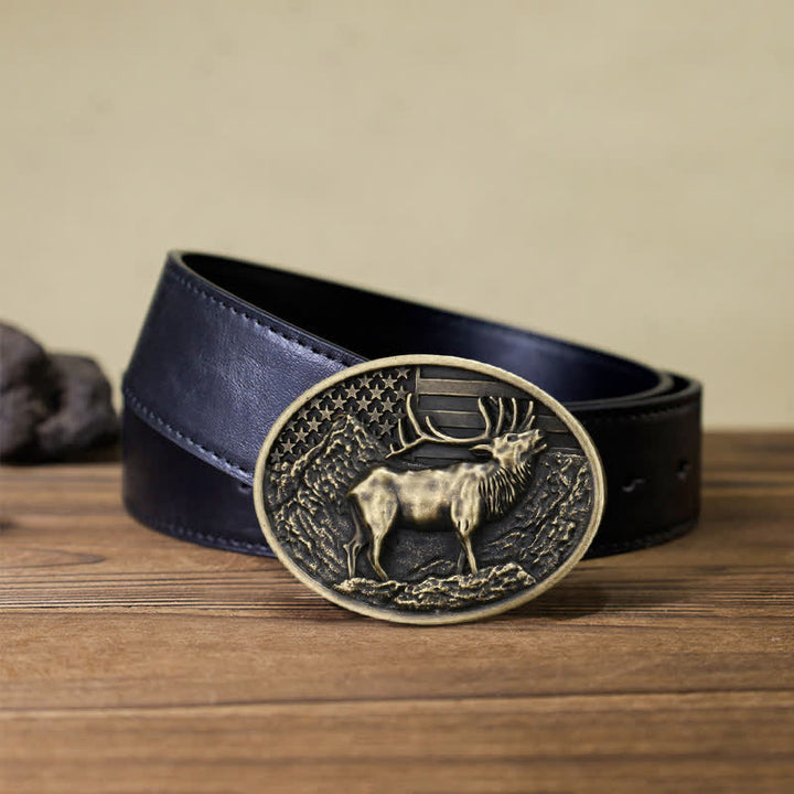 Men's DIY Elk Deer American Flag Buckle Leather Belt