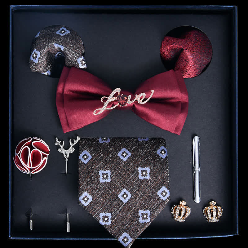 8Pcs Red&SlateGray Luxury Noble Print Bow Ties Gift Box - Red&SlateGray - image 0