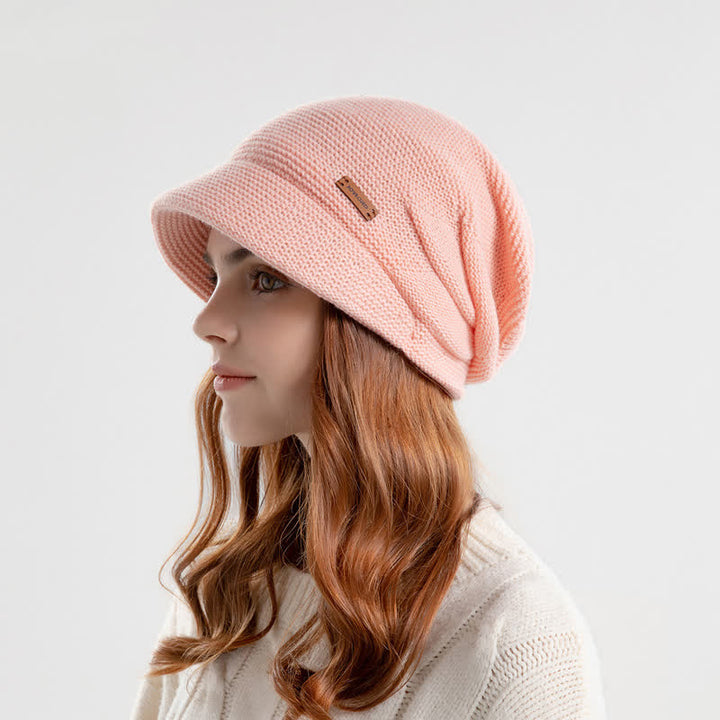 Women's Letter Patched Wide Brim Pile Knitted Hat