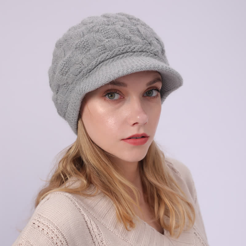 Women's Slouchy Fluffy Lining Visor Beanie Hat