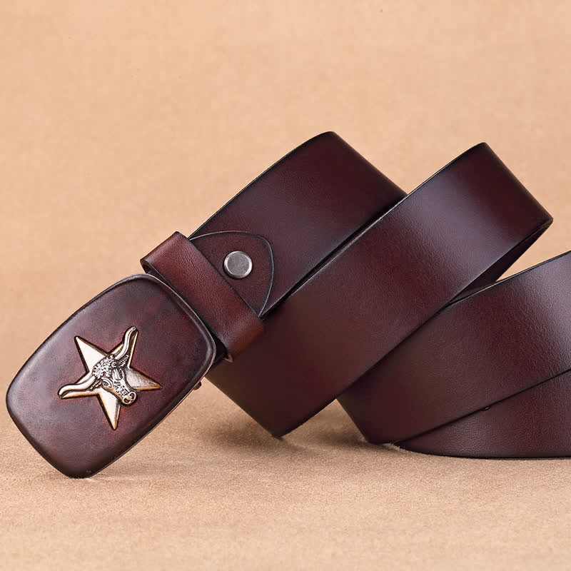 Men's Ox Head Star Plate Buckle Leather Belt