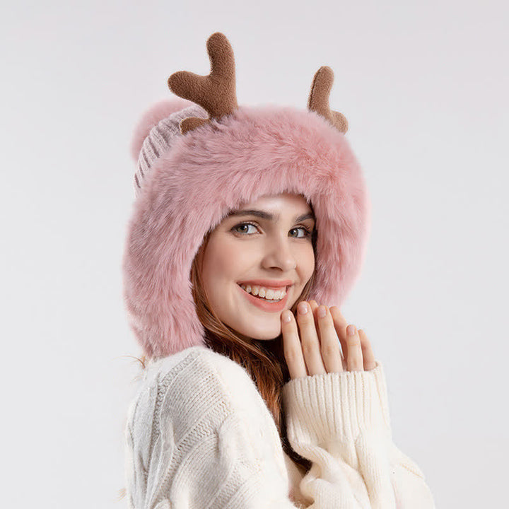 Women's Cute Deer Horn Pompom Knitted Hat