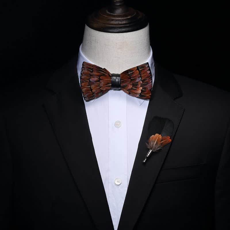 Kid's Brown & Black Trim Feather Bow Tie with Lapel Pin