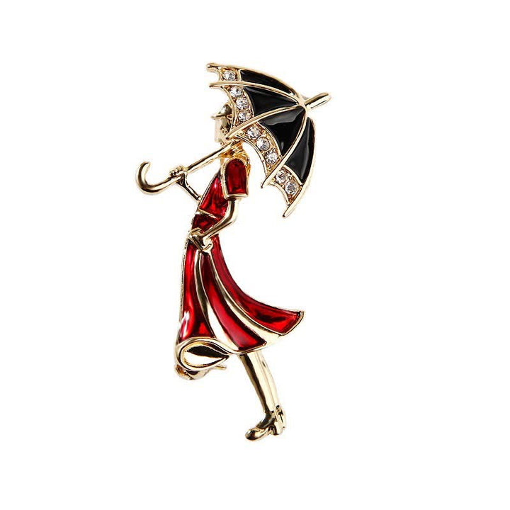 Women's Lovely Umbrella Red Lady Brooch