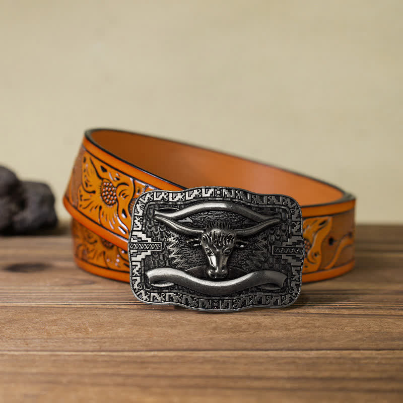 Men's DIY Silver Square Longhorn Bull Buckle Leather Belt