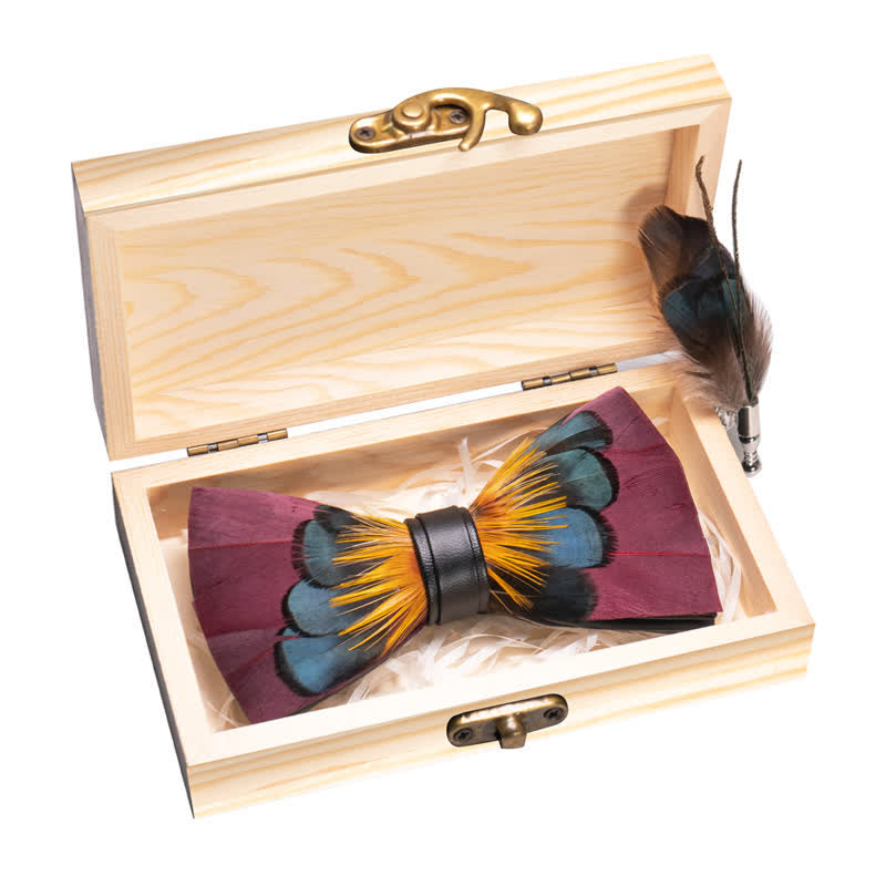 Pink & Orange Symmetrical Feather Bow Tie with Lapel Pin