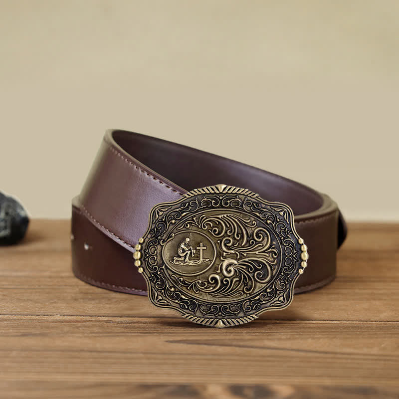 Men's DIY Engraved Floral Earnest Prayer Buckle Leather Belt