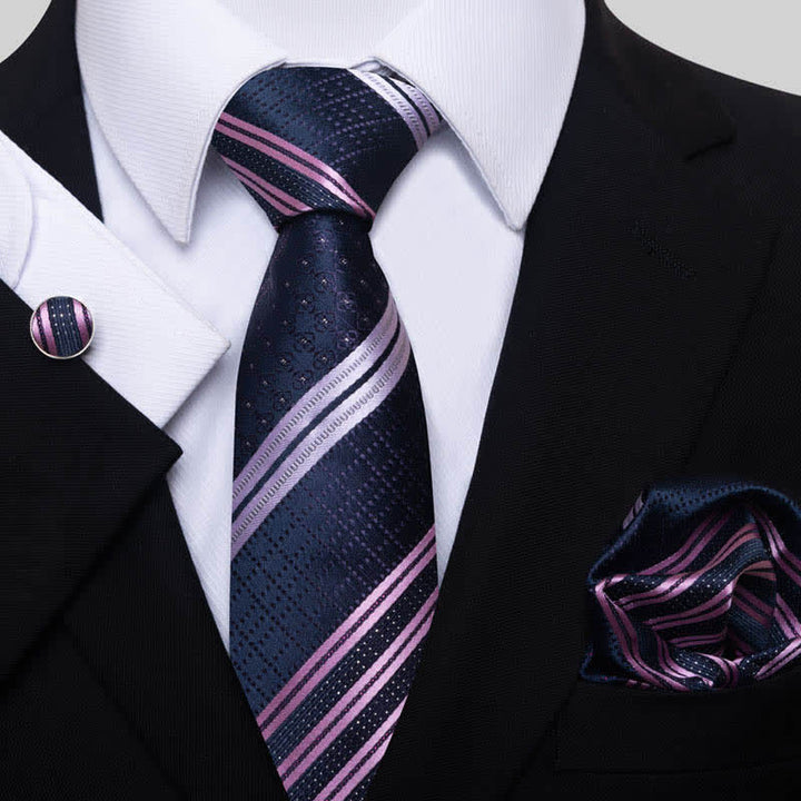 3Pcs Men's Noble Navy & Violet Striped Necktie Set