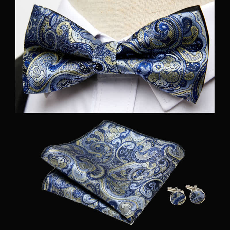 3Pcs Men's Luxurious Paisley Bow Tie Pocket Square Set - Light Blue - image 1