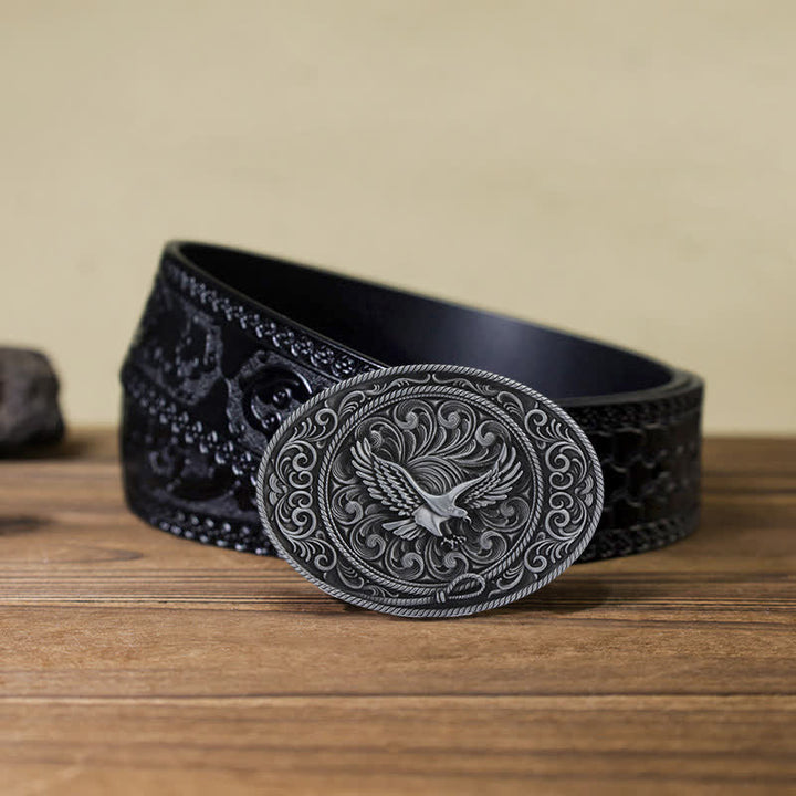 Men's DIY Soaring Eagle Engraved Floral Buckle Leather Belt