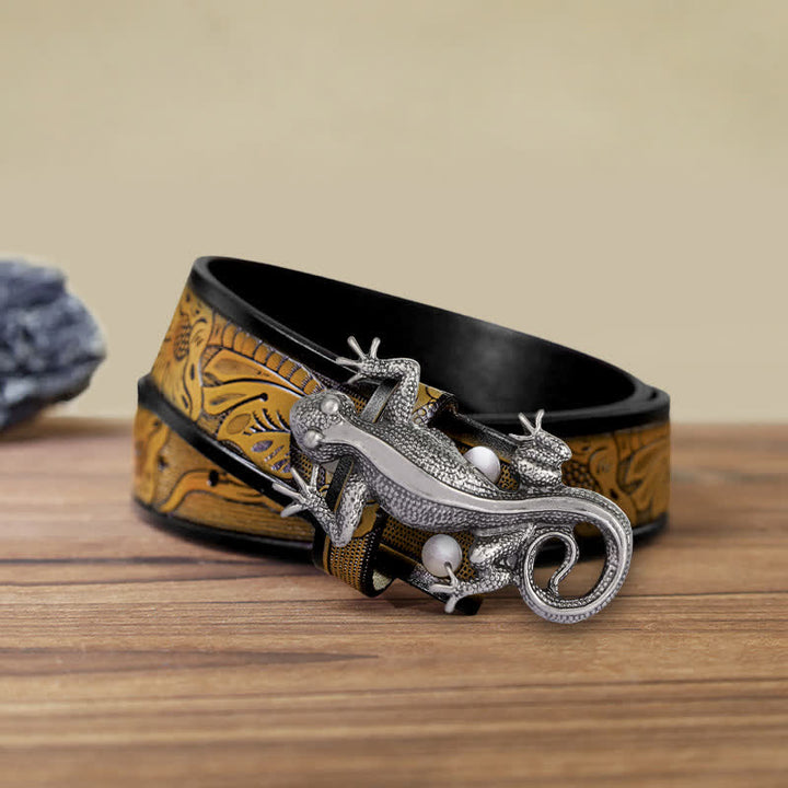 Men's DIY Unique Animal Silver Lizard Buckle Leather Belt