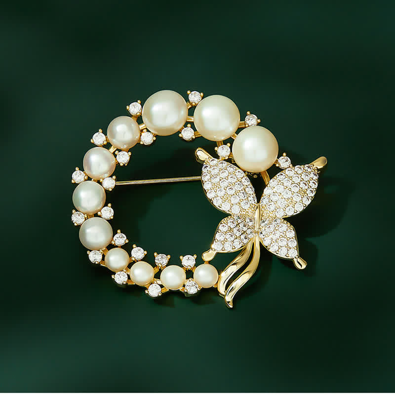 Women's Golden Butterfly Pearl Wreath Brooch