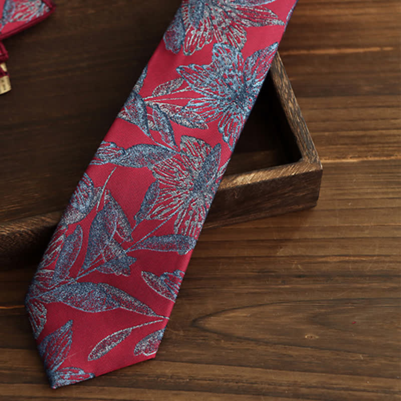 Red & CornflowerBlue Men's Floral Botanical Necktie