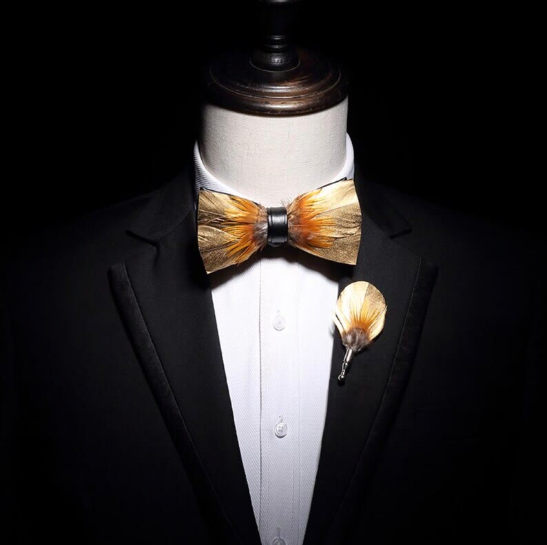 Kid's Gold & Tobacco Feather Bow Tie with Lapel Pin