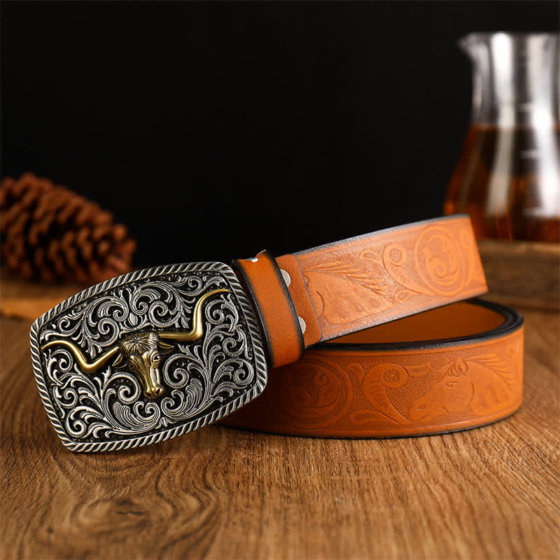 Men's Flower Square Bull Buckle Leather Belt - Yellowish-Brown / Silver - 38 - image 4
