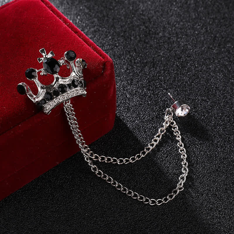 Men's Retro Crown Chain Rhinestones Brooch - Silver & Black - image 8
