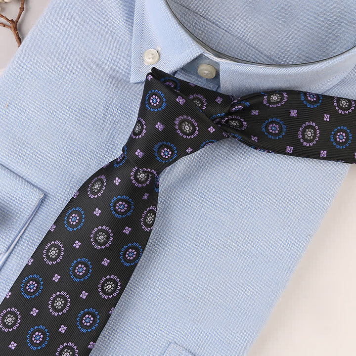 Men's Vintage Geometric Floral Motifs Necktie - Black Flower - image 9