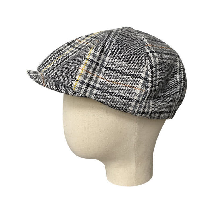 Gray Plaid Yellow Stripes Newsboy Beret Cap