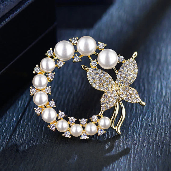 Women's Golden Butterfly Pearl Wreath Brooch