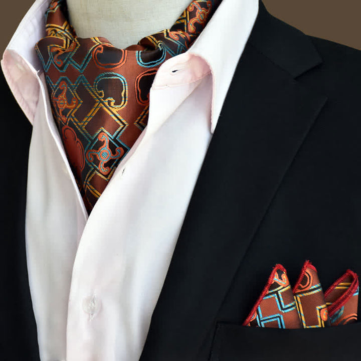 2Pcs SaddleBrown Luxury Floral Paisley Pocket Square and Cravat Set