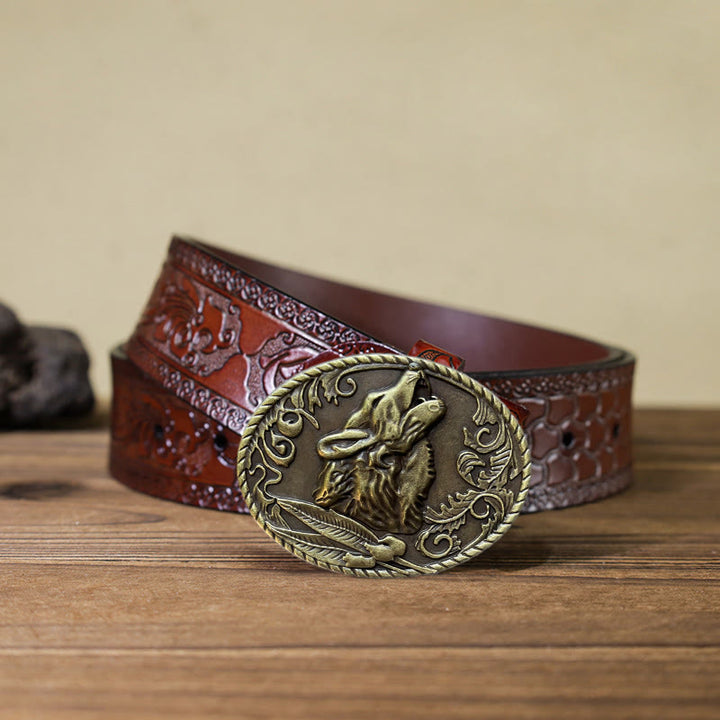 Men's DIY Howling Wolf Head Buckle Leather Belt