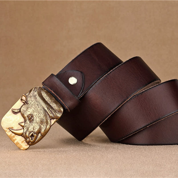 Men's Gold Rhino Plate Buckle Leather Belt