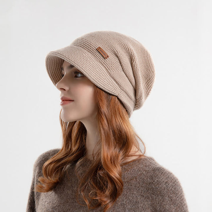 Women's Letter Patched Wide Brim Pile Knitted Hat