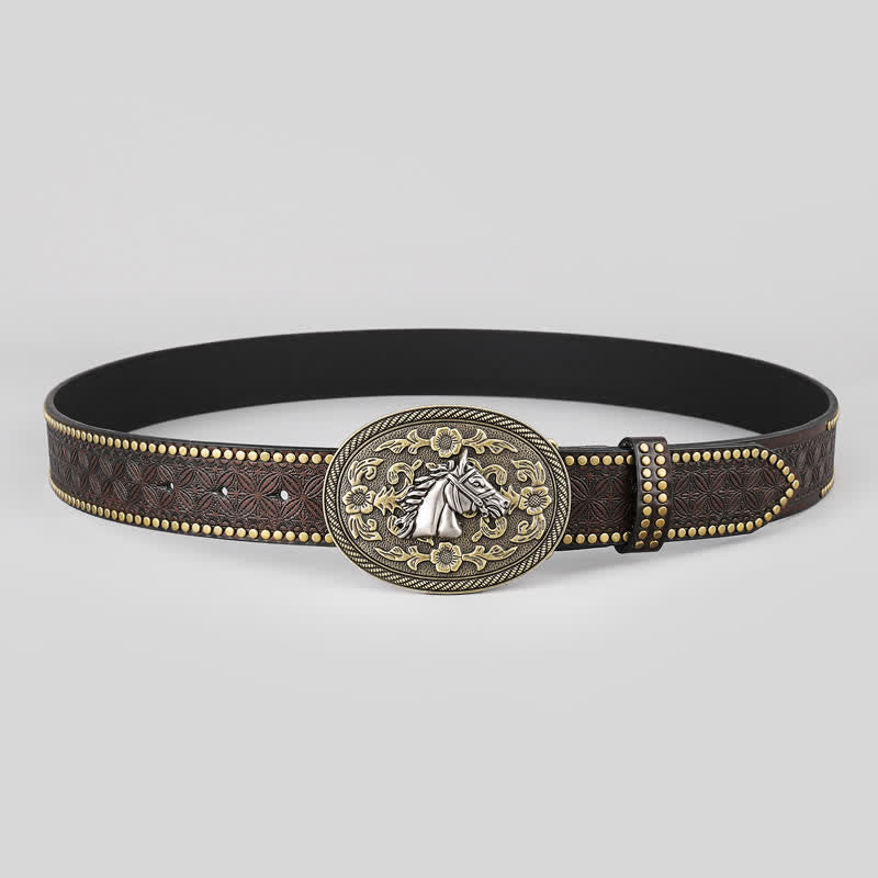 Men's Horse Head Relief Flower Detail Leather Belt