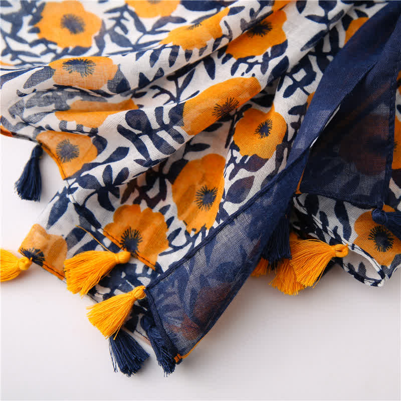 Women's Bohemian Print Floral Tassel Scarf