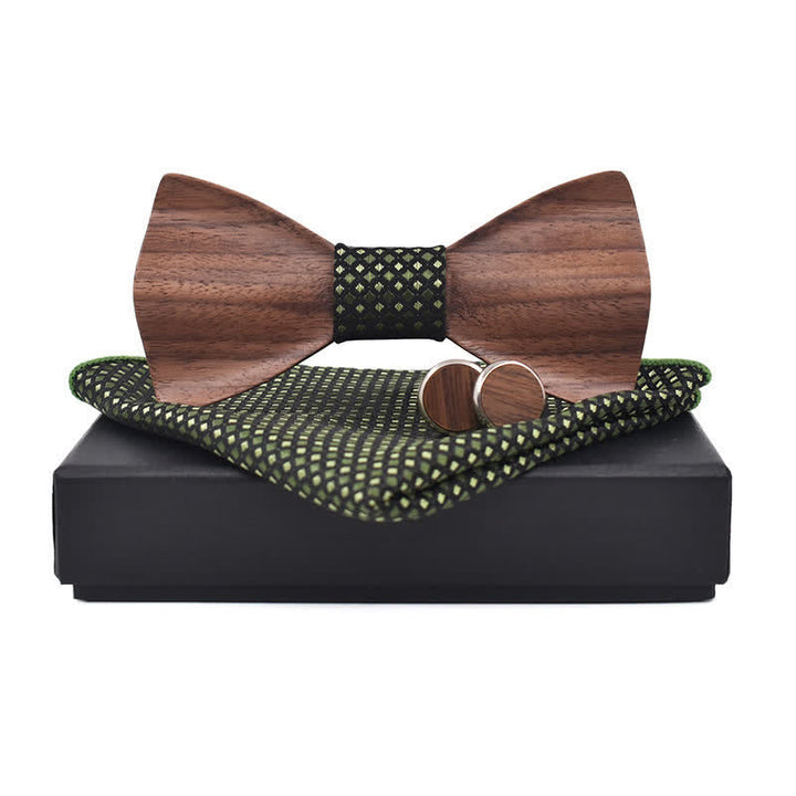 3Pcs Men's Black Walnut Wooden Bow Tie Set