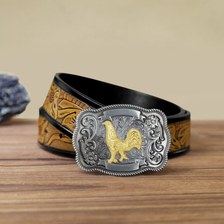 Men's DIY Gold Carving Animal Buckle Leather Belt - Cock - SandyBrown Belt (40) - image 53