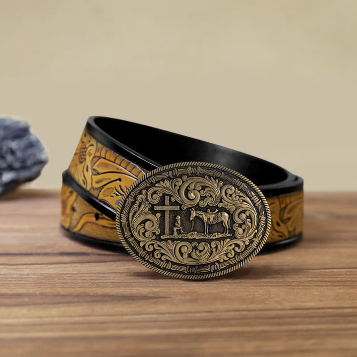 Men's DIY Praying Cowboy Oval Buckle Leather Belt