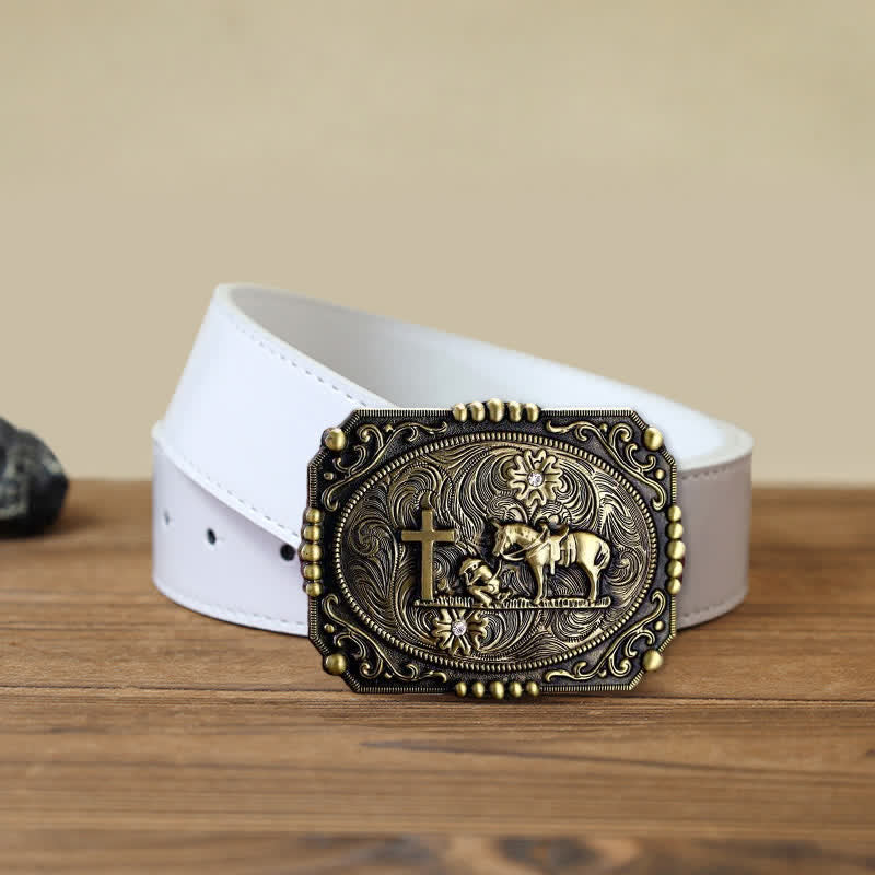 Men's DIY Horse Cross Kneeling Prayer Buckle Leather Belt