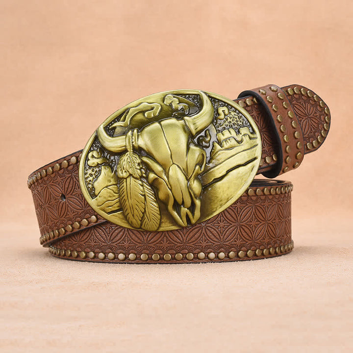 Men's Bull Head Buckle Rivet Decor Leather Belt