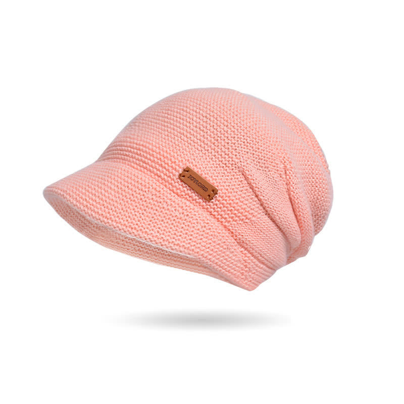 Women's Letter Patched Wide Brim Pile Knitted Hat