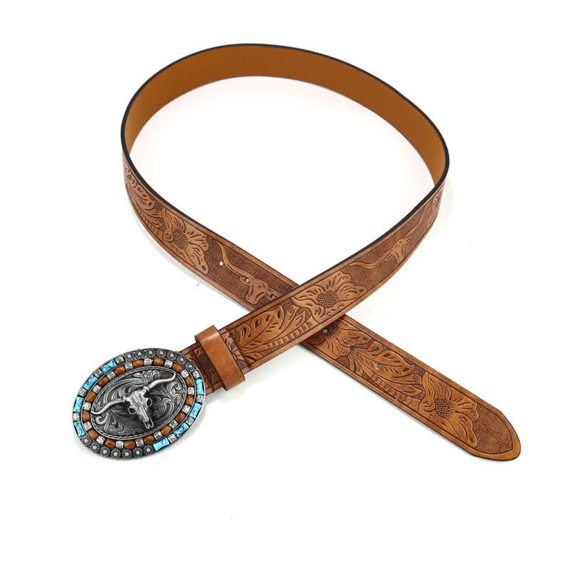 Men's Western Cowboy Turquoise Bull Leather Belt