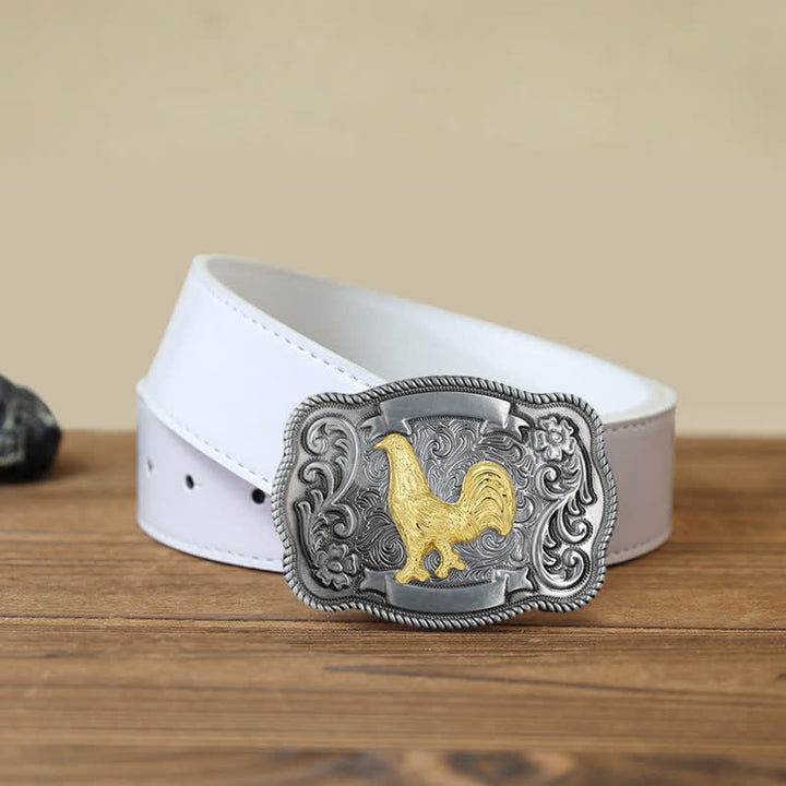 Men's DIY Gold Carving Animal Buckle Leather Belt - Cock - White PU Belt (40) - image 49