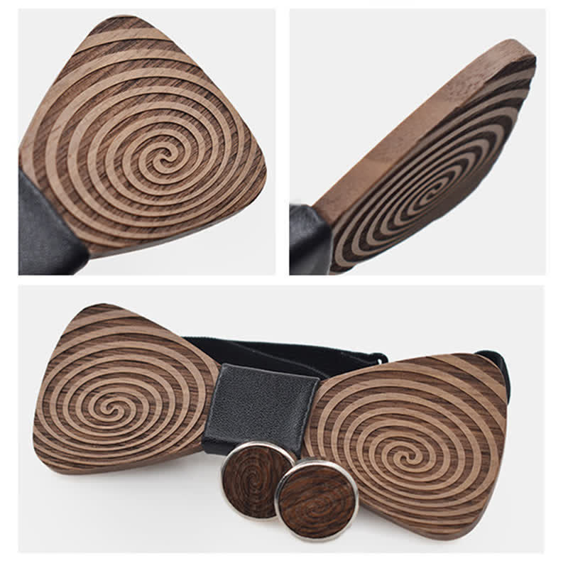 2Pcs Men's Hypnosis Swirl Printing Wooden Bow Tie Set