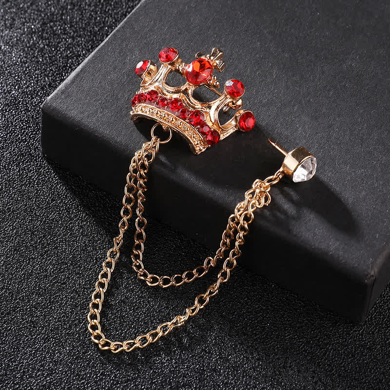 Men's Retro Crown Chain Rhinestones Brooch - Gold & Red - image 9
