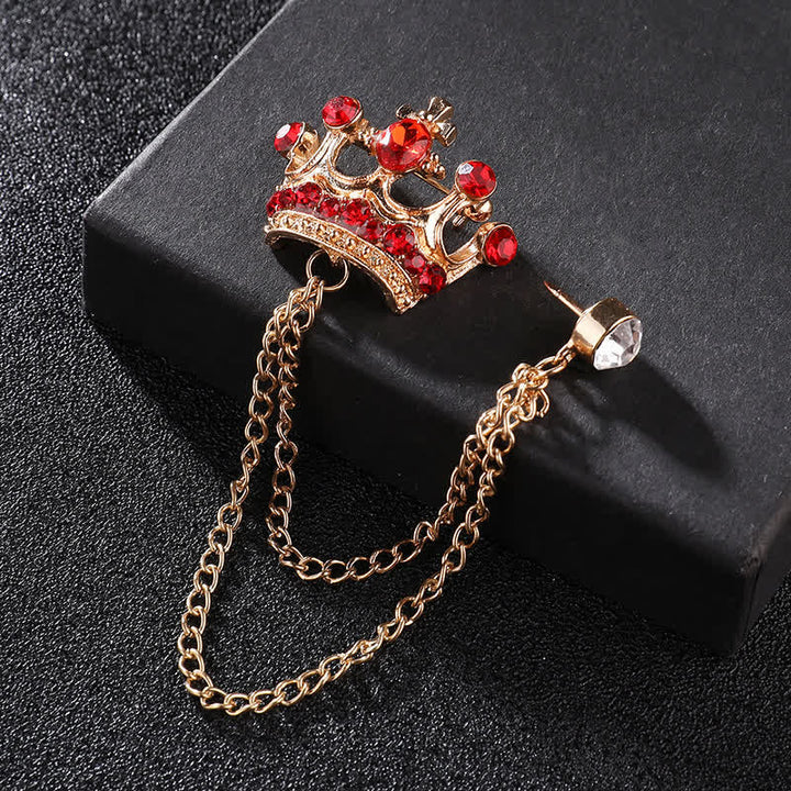 Men's Retro Crown Chain Rhinestones Brooch - Gold & Red - image 9