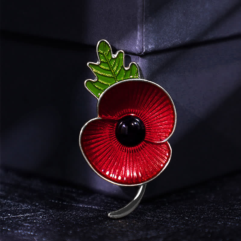 Unisex Memorial Red Poppy Leaf Brooch - Silver - image 4