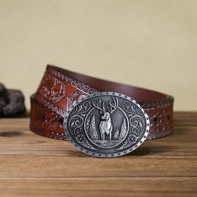 Men's DIY Forest Deer Oval Buckle Leather Belt