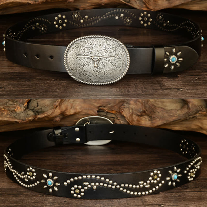 Men's Punk Rivet Longhorn Bull Turquoise Real Leather Belt