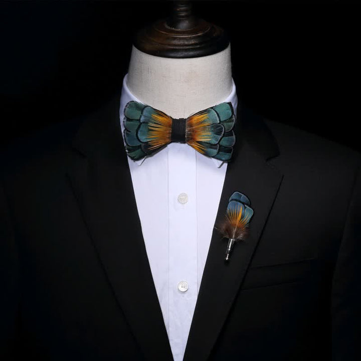 Green & Orange Sunflower Feather Bow Tie with Lapel Pin - image 2