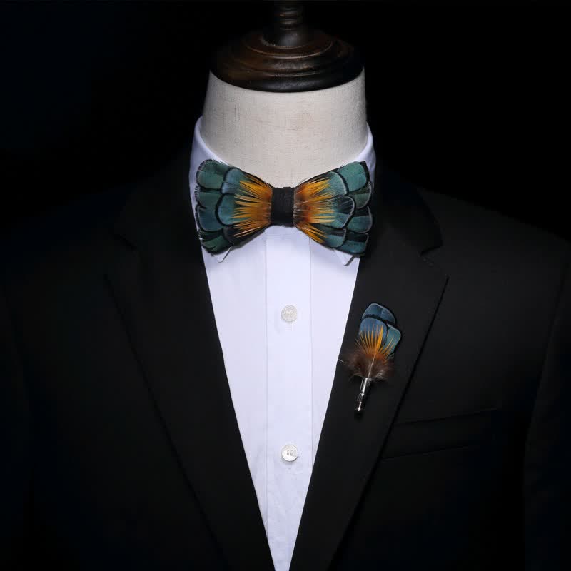 Kid's Green & Orange Sunflower Feather Bow Tie with Lapel Pin - image 3