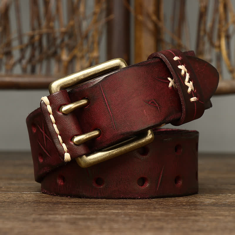 Men's Distressed Double Needle Buckle Leather Belt - Reddish Brown - 44 - image 8