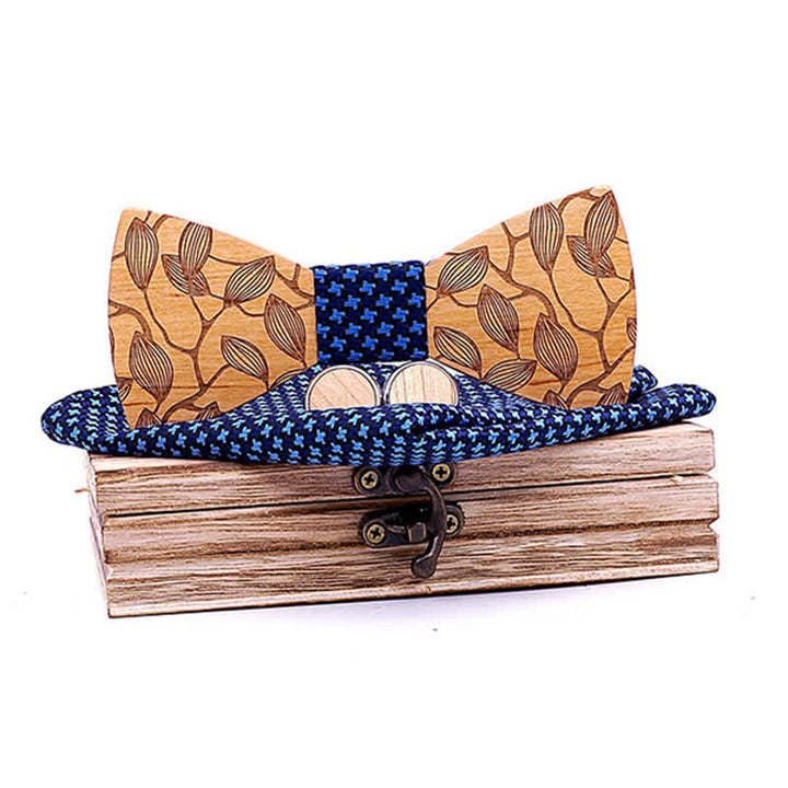 3Pcs Men's Leaf Patterned Wooden Bow Tie Set