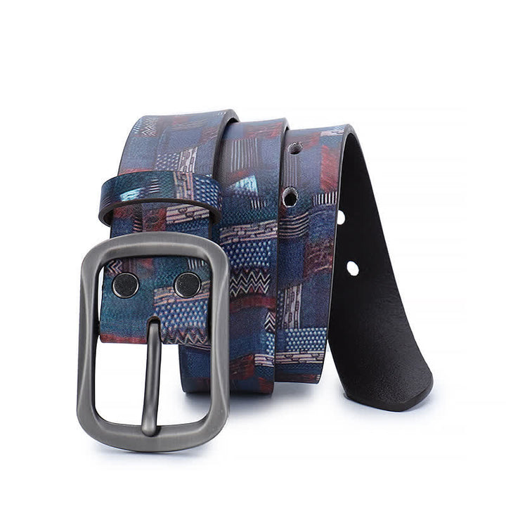 Navy Blue Splicing Graffiti Pattern Genuine Leather Belt