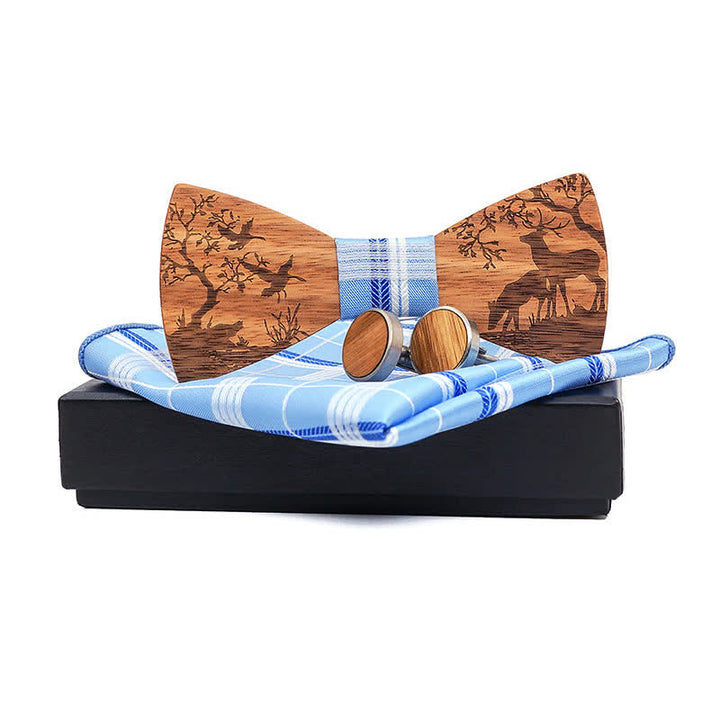 3Pcs Men's Fancy Christmas Elk Wooden Bow Tie Set