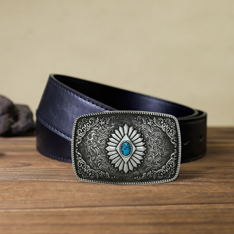 Men's DIY Square Turquoise Western Buckle Leather Belt